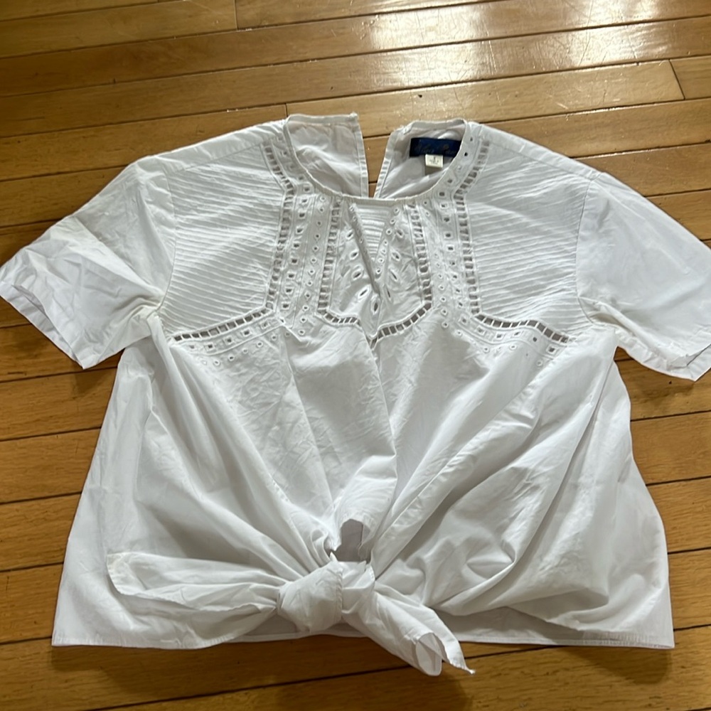 Eyelet Inlay White Cotton Tie Front Top - Size Small